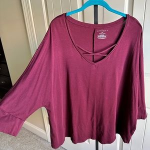 Boutique Plus Size Maroon Crisscross Detail 3/4” Sleeved Top 3X